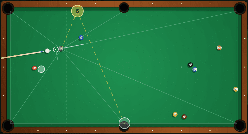 CuePilot aiming and bank-shot guides calibrated over a digital pool table