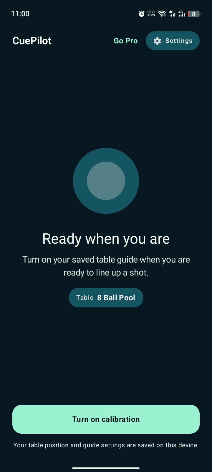 CuePilot home screen with the saved table profile and calibration button