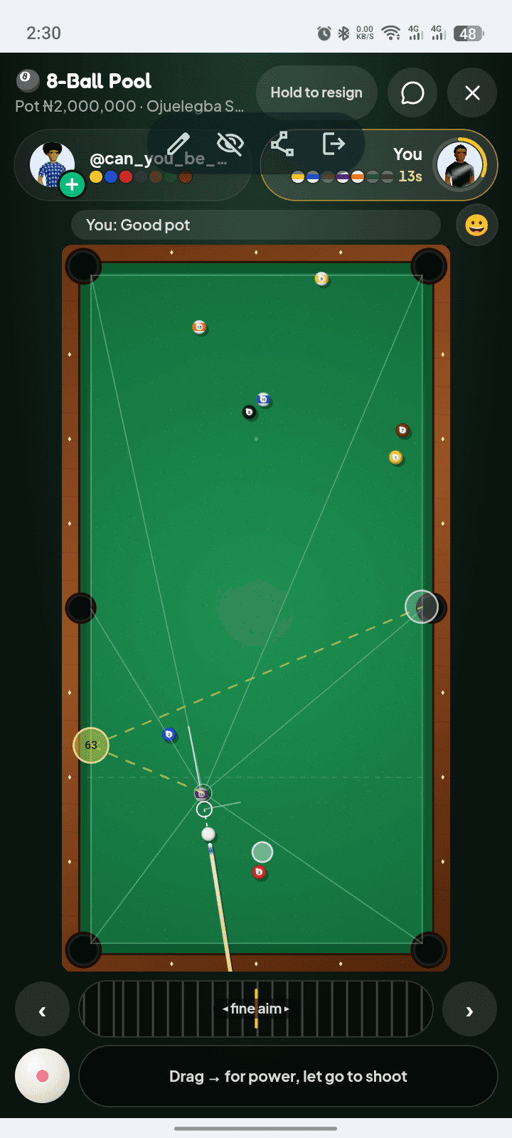 CuePilot overlay running above an 8 Ball Pool match with aiming and bank-shot guides