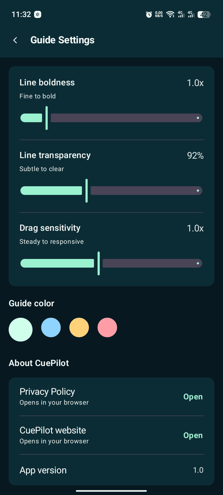 CuePilot guide settings screen with line, transparency, sensitivity, and colour controls