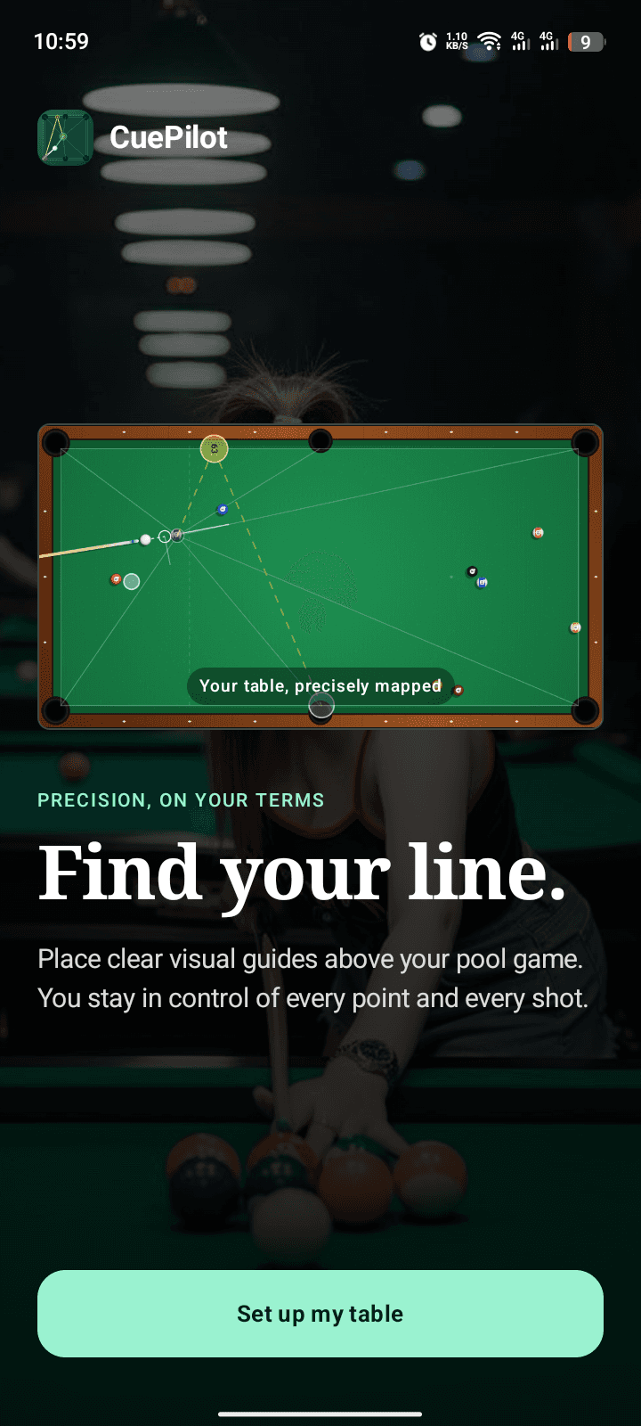 CuePilot welcome screen showing a calibrated pool table and the setup call to action